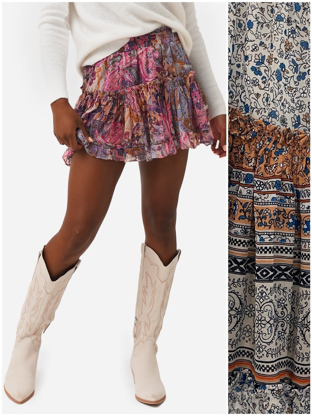 Misa Los Angeles Marion Ruffle Flounce Mini Skirt in Blue Fall Floral Print